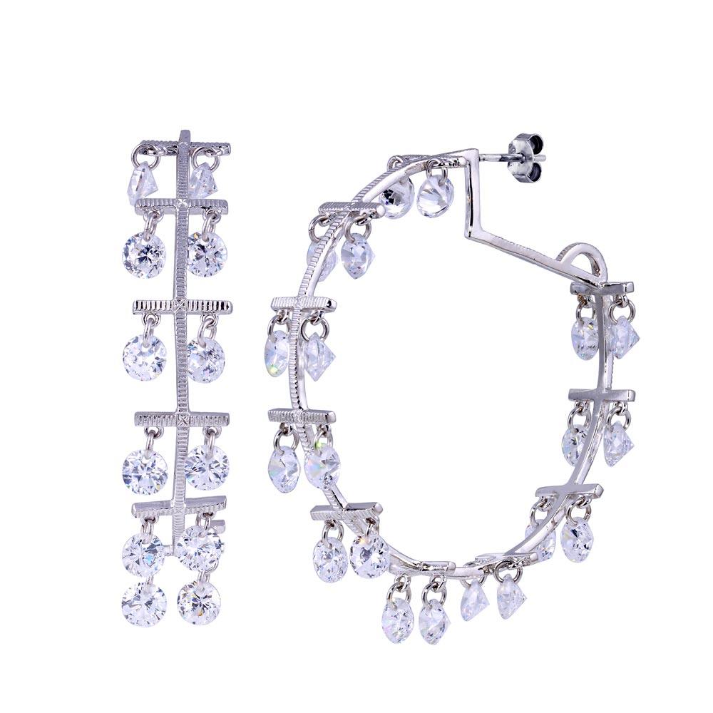 Closeout-Silver 925 Rhodium Plated Busy Street Multi Dangling CZ Hoop Earrings - STE00544 | Silver Palace Inc.