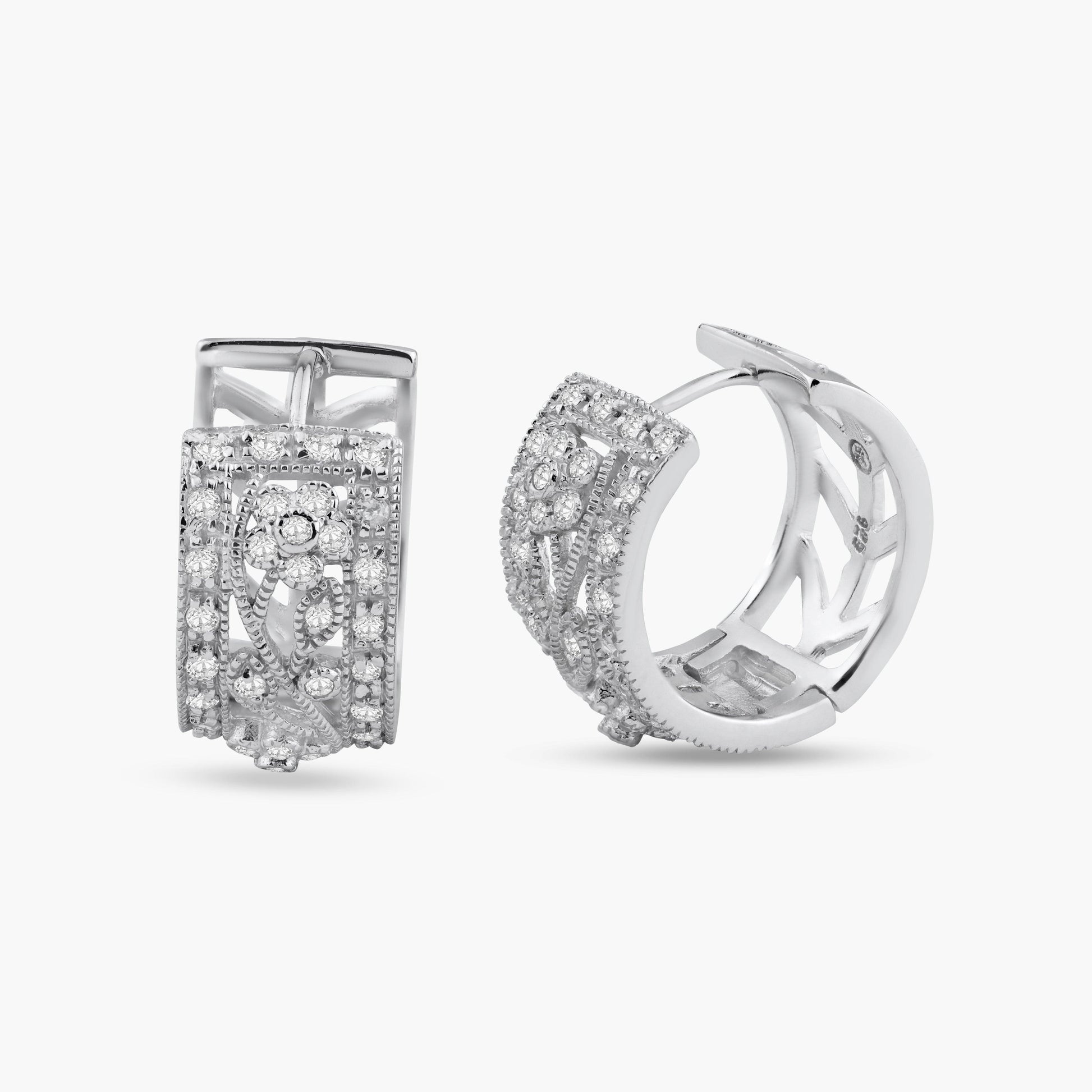 Silver 925 Rhodium Plated Round Filigree CZ huggie hoop Earrings - STE00568 | Silver Palace Inc.