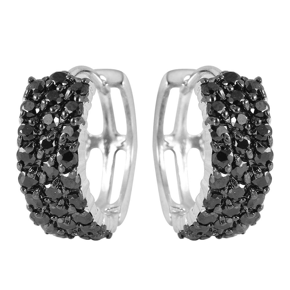 Silver 925 Black Rhodium and Rhodium Plated Black CZ Three huggie hoop Earrings - STE00570BLK | Silver Palace Inc.