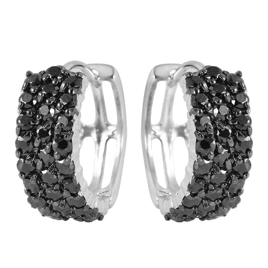 Silver 925 Black Rhodium and Rhodium Plated Black CZ Three huggie hoop Earrings - STE00570BLK | Silver Palace Inc.