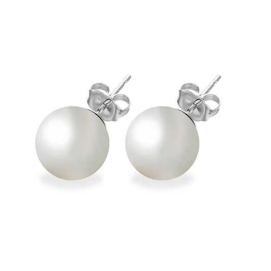 Silver 925 Rhodium Plated White Pearl CZ Stud Earrings - STE00639WHT | Silver Palace Inc.