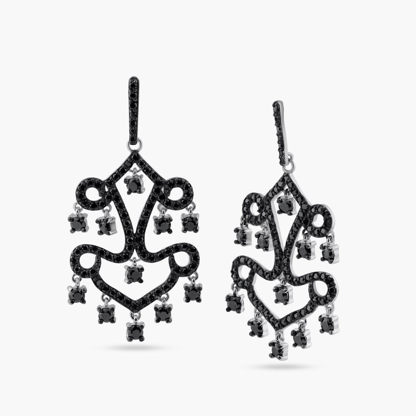 Closeout-Silver 925 Oxidized Rhodium Plated Round Black CZ Dangling Chandelier Stud Earrings - STE00713 | Silver Palace Inc.