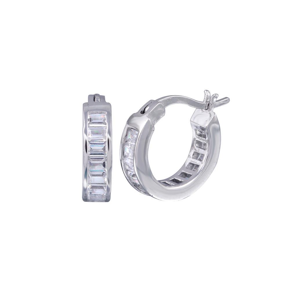 Silver 925 Rhodium Plated Baguette Clear CZ Hoop Earrings - STE00722 | Silver Palace Inc.