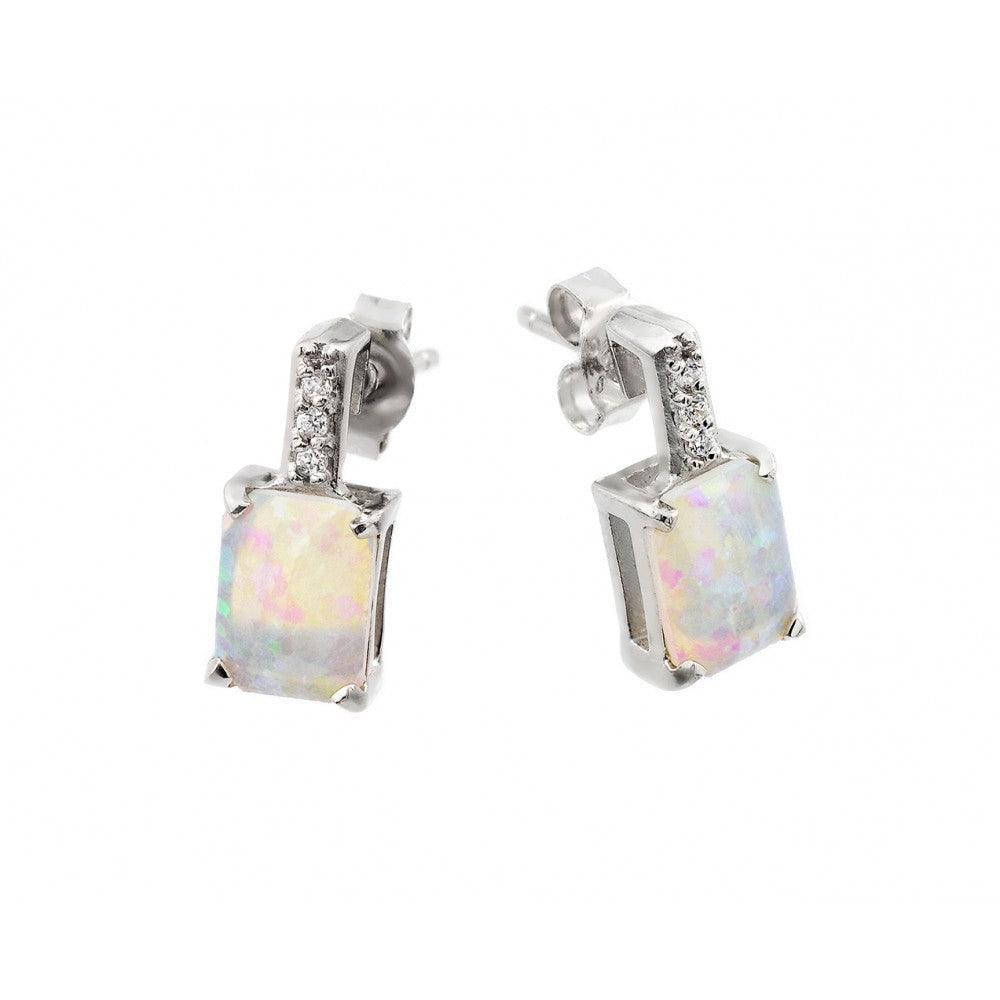 Silver 925 Rhodium Plated Rectangular Opal CZ Stud Earrings - STE00943 | Silver Palace Inc.