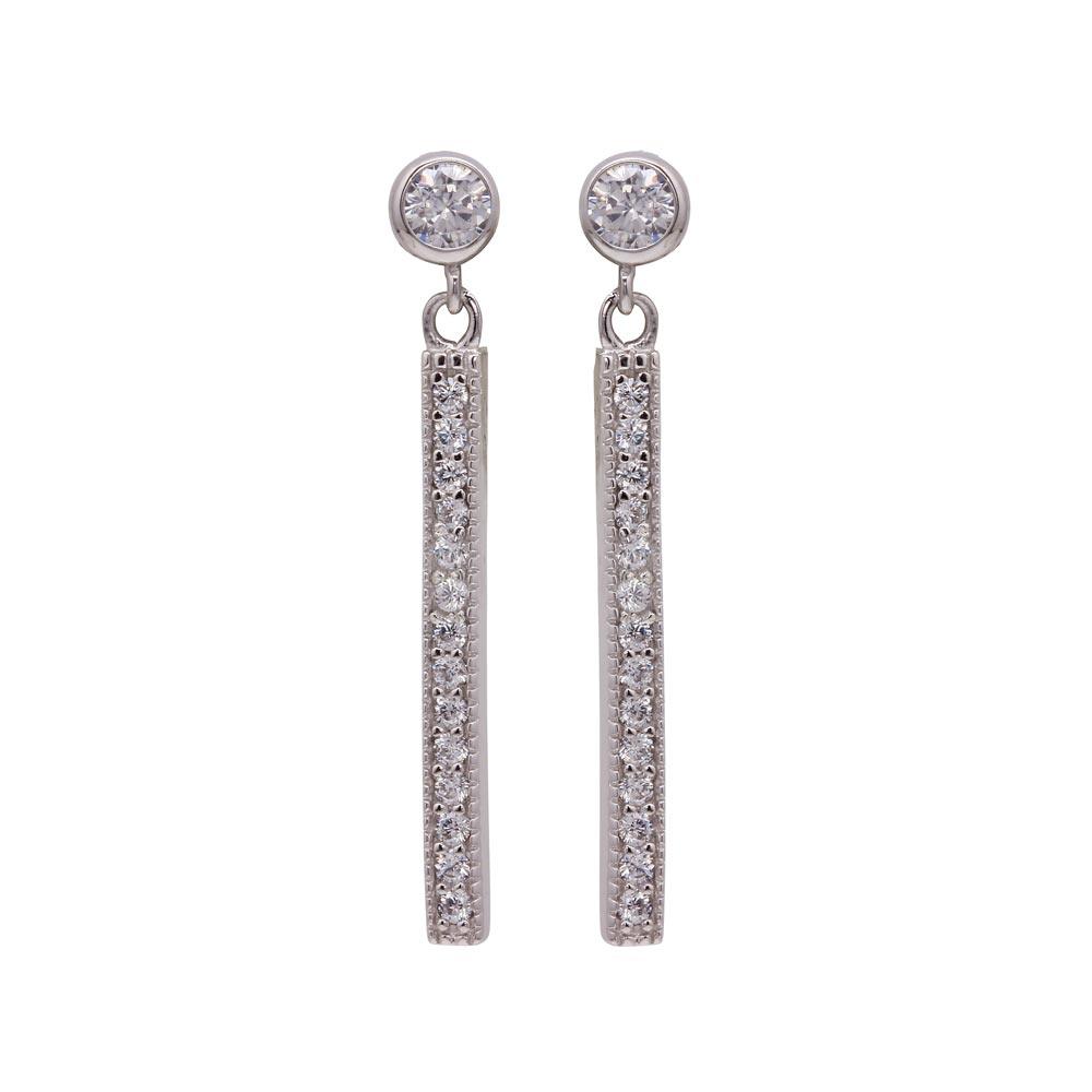 Silver 925 Rhodium Plated Round Clear CZ Rectangular Dangling Stud Earrings - STE00956 | Silver Palace Inc.