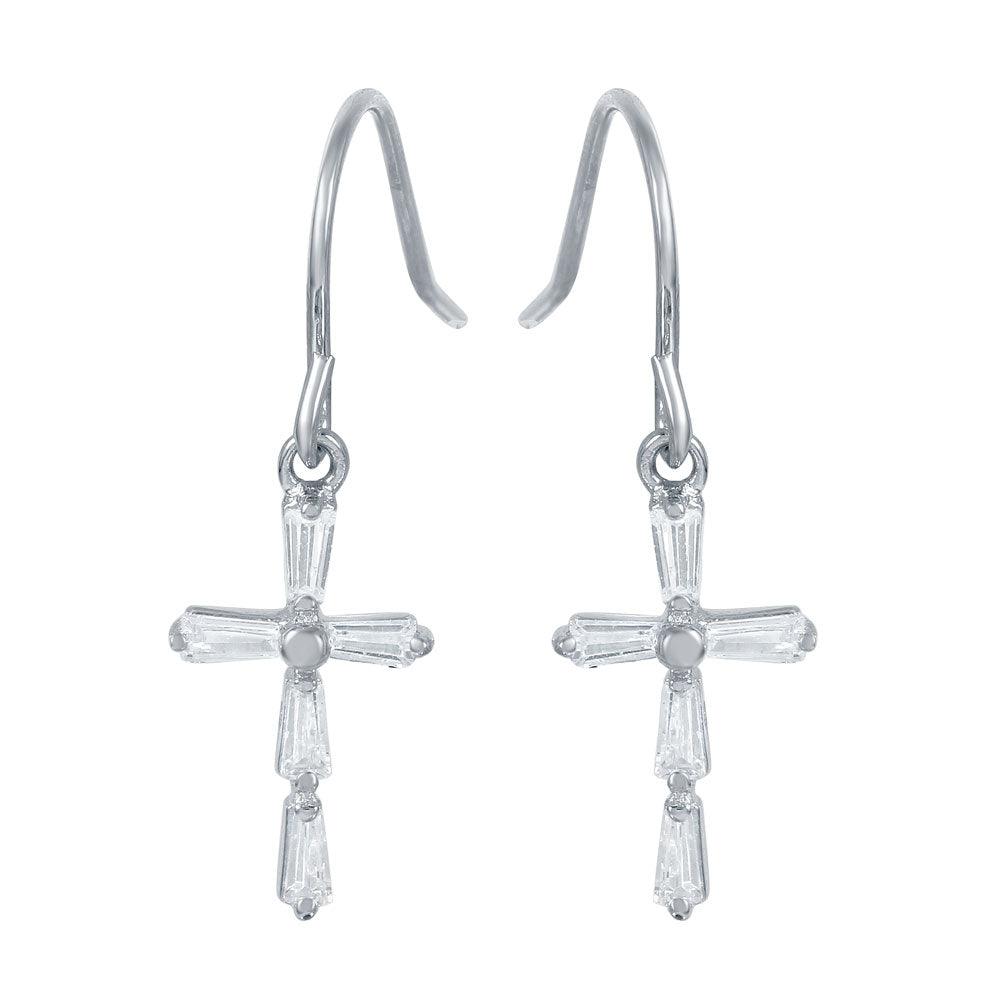 Silver 925 Rhodium Plated Small Cross Earrings with CZ Baguette Accents - STE00970 | Silver Palace Inc.