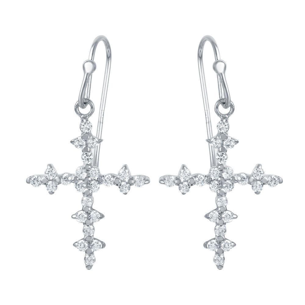 Silver 925 Rhodium Plated Small Floral Cross Earrings with CZ Accents - STE00971 | Silver Palace Inc.