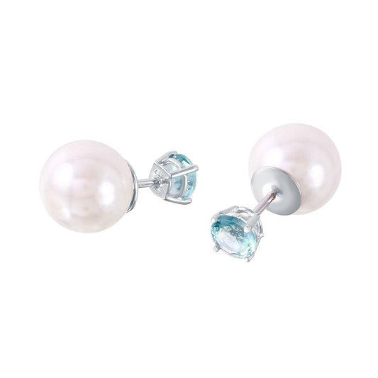 Silver 925 Rhodium Plated Faux Pearl Light Blue CZ Front and Back Earrings - STE00984MAR | Silver Palace Inc.