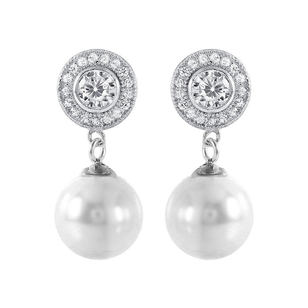 Silver 925 Rhodium Plated Pearl CZ Cluster Earrings - STE00988 | Silver Palace Inc.