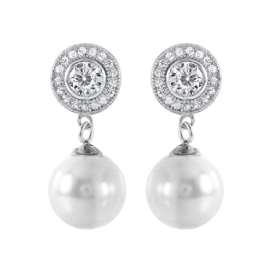 Silver 925 Rhodium Plated Pearl CZ Cluster Earrings - STE00988 | Silver Palace Inc.