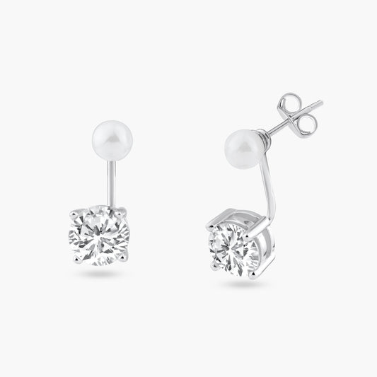 Silver 925 Rhodium Plated Pearl Front and Back Earrings - STE00990 | Silver Palace Inc.