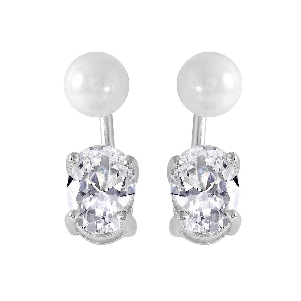 Silver 925 Rhodium Plated Synthetic Pearl Oval CZ Earrings - STE00991 | Silver Palace Inc.