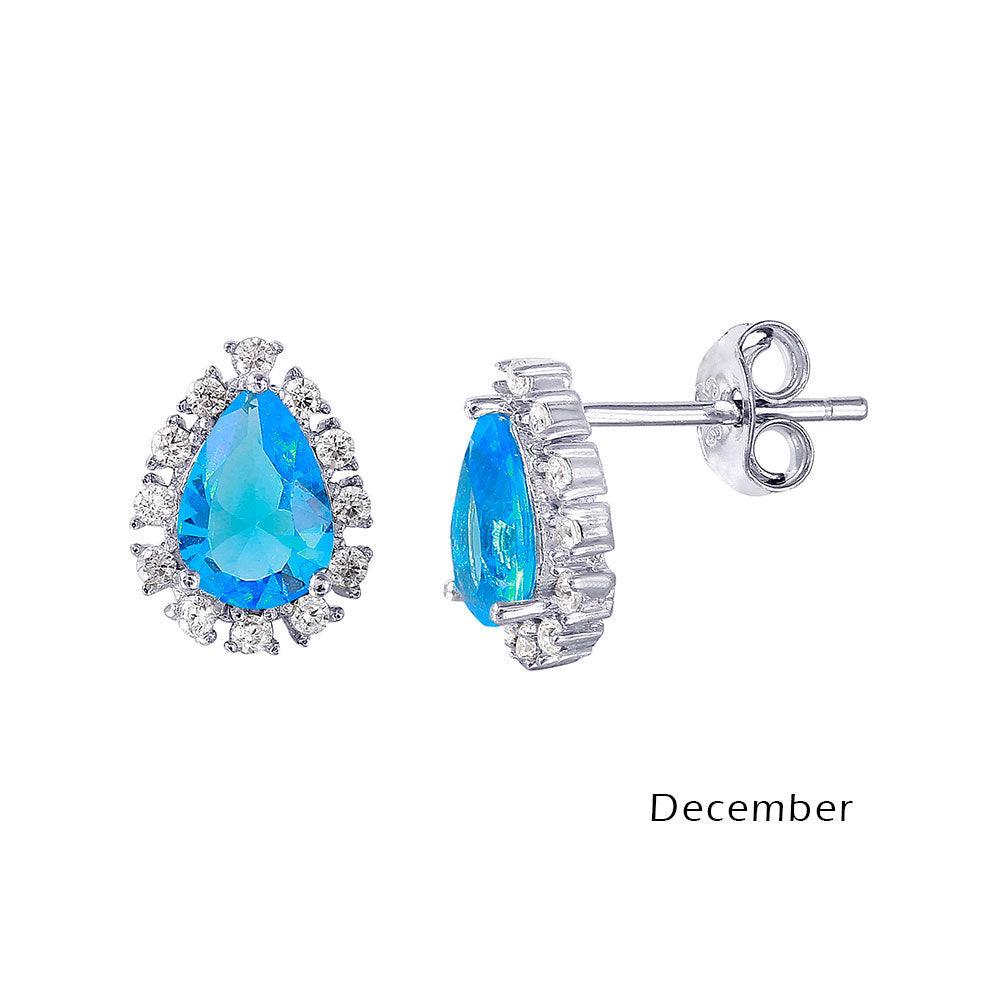 Silver 925 Rhodium Plated Teardrop Halo CZ Birthstone Earrings December - STE01027-DEC | Silver Palace Inc.