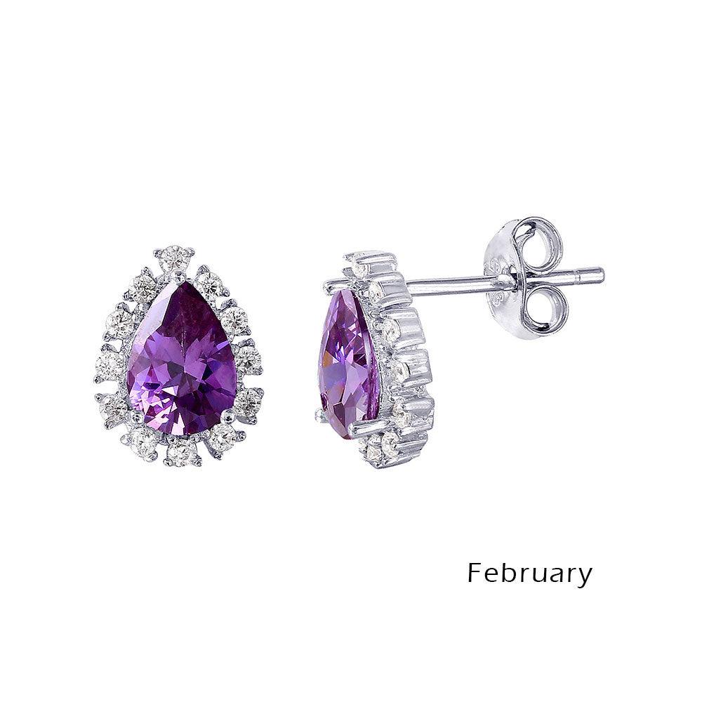 Silver 925 Rhodium Plated Teardrop Halo CZ Birthstone Earrings February - STE01027-FEB | Silver Palace Inc.