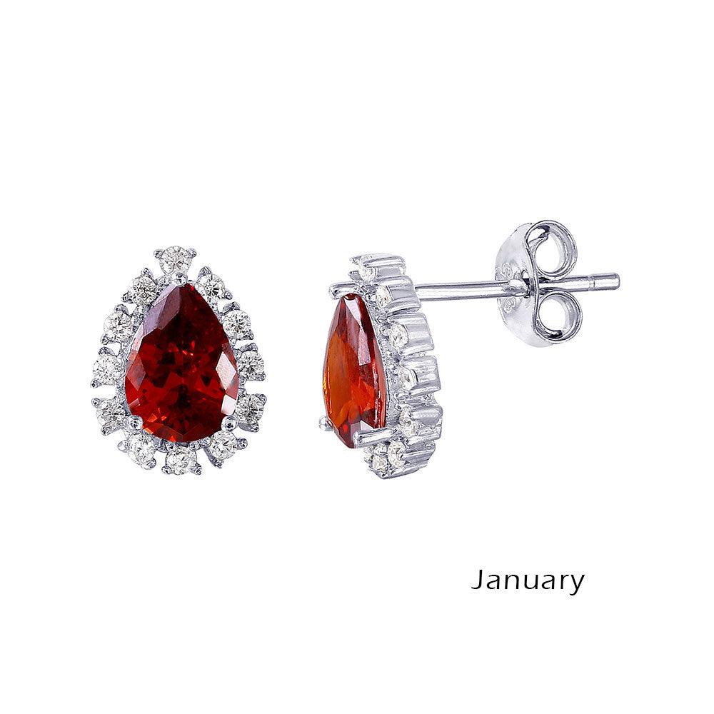 Silver 925 Rhodium Plated Teardrop Halo CZ Birthstone Earrings January - STE01027-JAN | Silver Palace Inc.