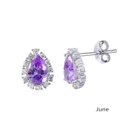 Silver 925 Rhodium Plated Teardrop Halo CZ Birthstone Earrings June - STE01027-JUN | Silver Palace Inc.