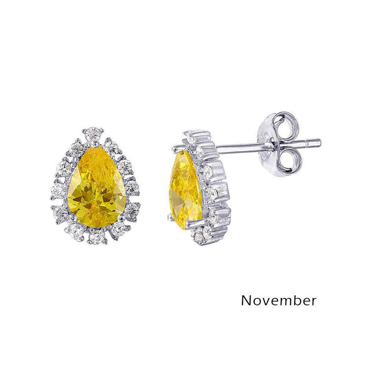 Silver 925 Rhodium Plated Teardrop Halo CZ Birthstone Earrings November - STE01027-NOV | Silver Palace Inc.