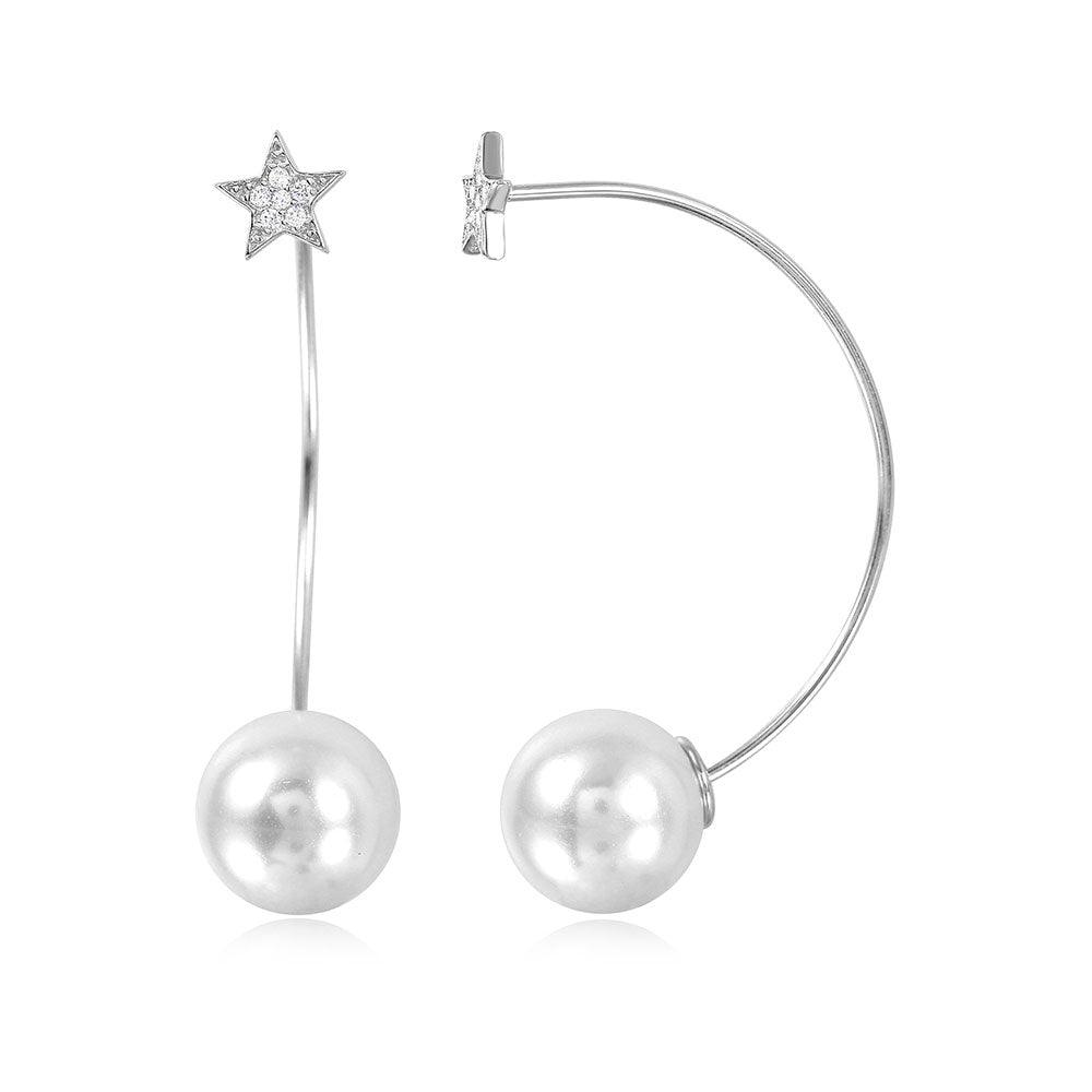 Silver 925 Rhodium Plated Star Earrings with Hanging Synthetic Pearl - STE01050 | Silver Palace Inc.