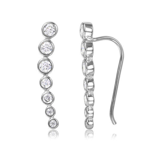 Silver 925 Rhodium Plated Graduated Round CZ Climbing Earrings - STE01065 | Silver Palace Inc.