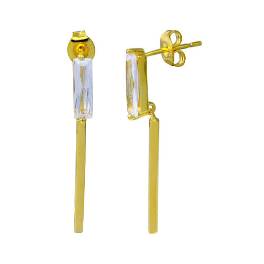 Silver 925 Gold Plated Rectangle CZ Earrings with Dangling Bar - STE01085GP | Silver Palace Inc.