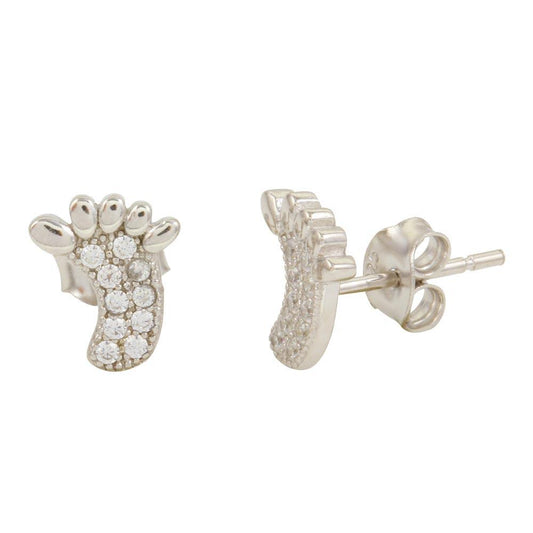 Silver 925 Rhodium Plated Foot Stud Earrings with CZ - STE01098 | Silver Palace Inc.