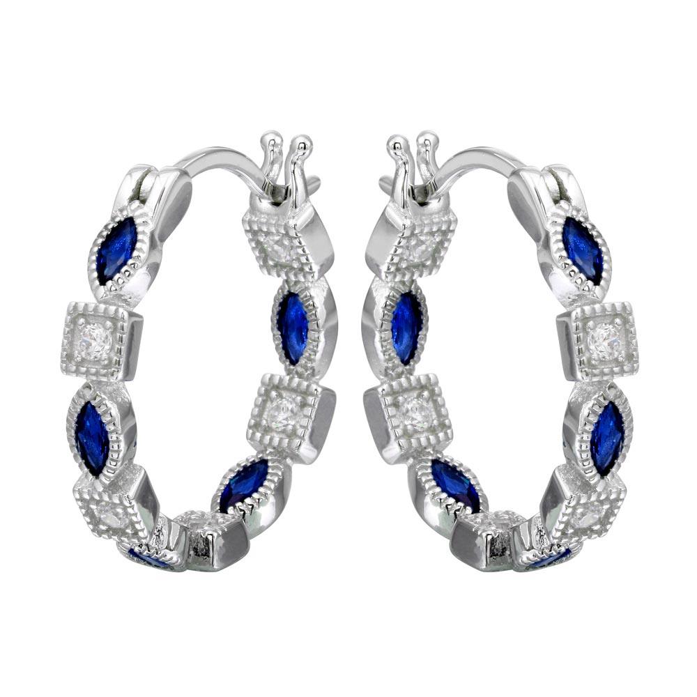 Silver 925 Rhodium Plated Inner and Outer Blue Clear CZ Hoop Earrings - STE01122BLU | Silver Palace Inc.