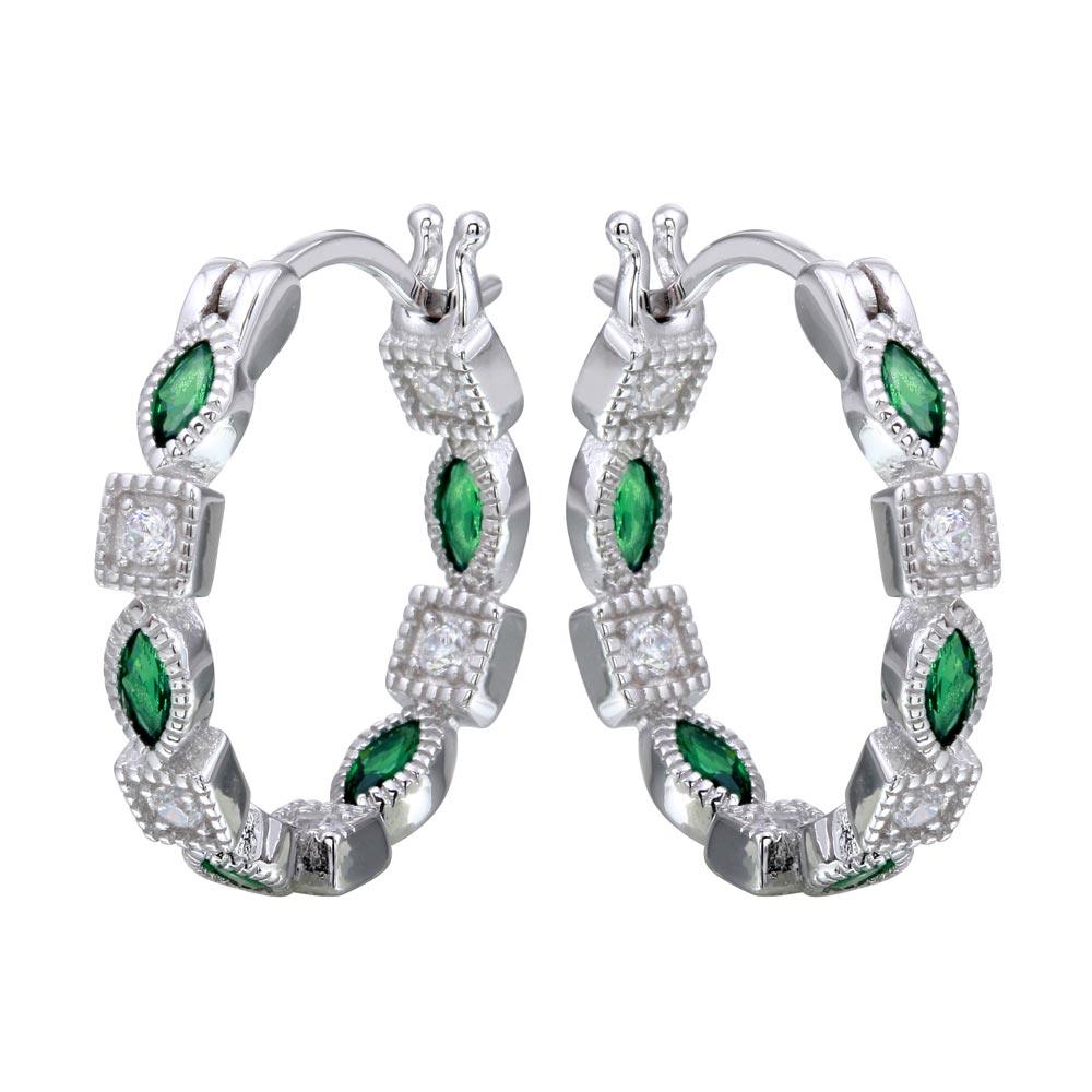 Silver 925 Rhodium Plated Inner and Outer Green Clear CZ Hoop Earrings - STE01122GRN | Silver Palace Inc.