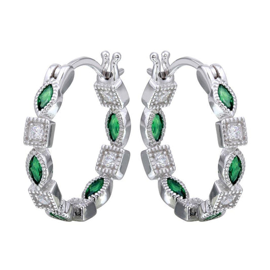 Silver 925 Rhodium Plated Inner and Outer Green Clear CZ Hoop Earrings - STE01122GRN | Silver Palace Inc.