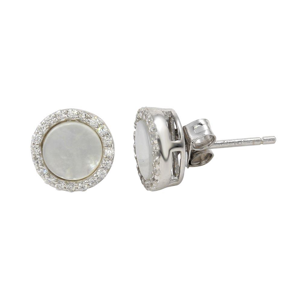 Silver 925 Rhodium Plated Round Opal Stud Earrings with Clear CZ Stones - STE01125CLR | Silver Palace Inc.