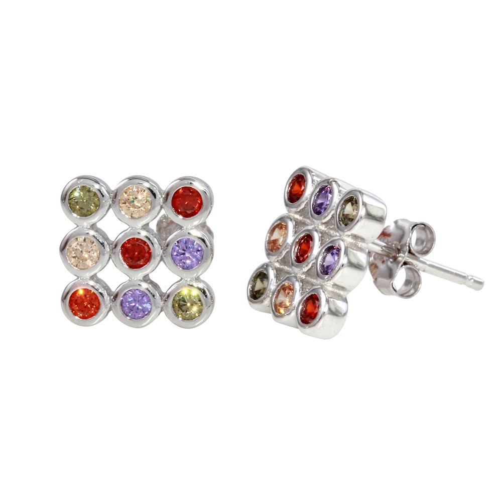 Silver 925 Rhodium Plated Multi-Colored CZ Square Stud Earrings - STE01138 | Silver Palace Inc.