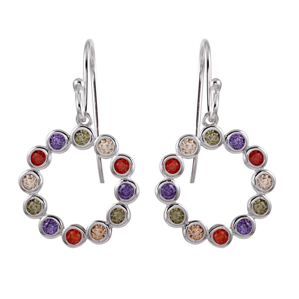 Silver 925 Rhodium Plated Multi-Colored CZ Open Circle Earrings - STE01140 | Silver Palace Inc.