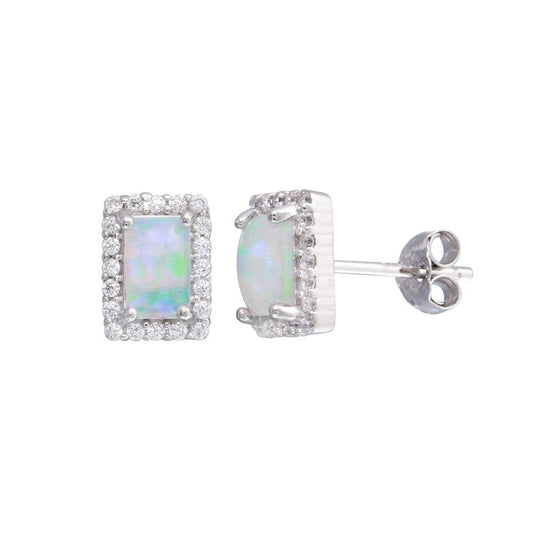 Silver 925 Rhodium Plated Rectangle Open Halo Stud Earrings - STE01207 | Silver Palace Inc.