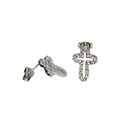 Silver 925 Rhodium Open Cross Plated Clear CZ Stud Earrings - STEM023 | Silver Palace Inc.
