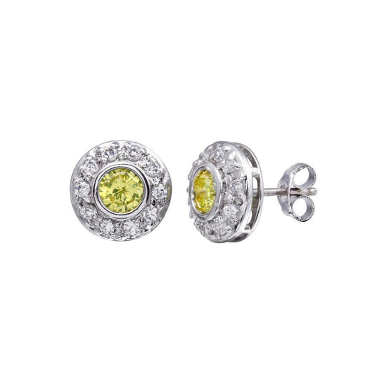 Closeout-Silver 925 Rhodium Plated Round Halo Yellow and Clear CZ Stud Earrings - STEM057 | Silver Palace Inc.