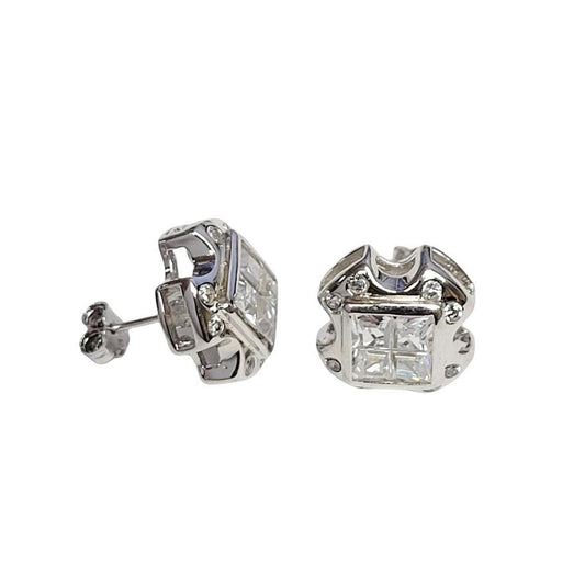 Closeout-Silver 925 Cross Design Invisible Clear CZ Center Stud Earrings - STEM139 | Silver Palace Inc.