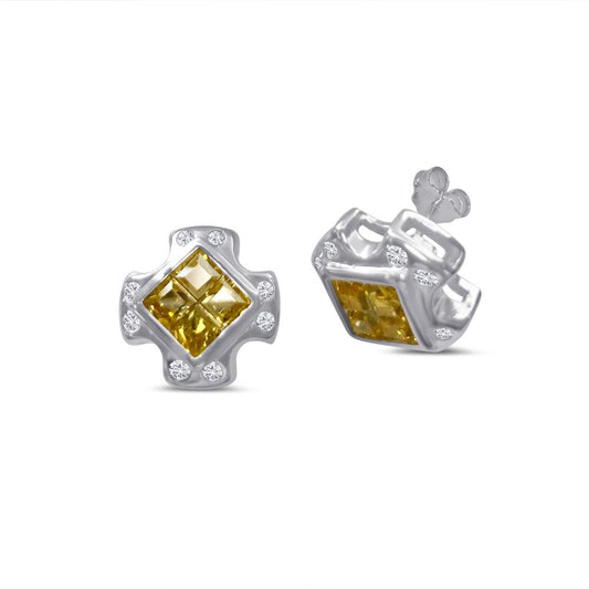 Closeout-Silver 925 Cross Design Invisible Yellow CZ Center Stud Earrings - STEM139YLW | Silver Palace Inc.