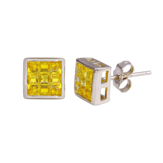 Closeout-Silver 925 Rhodium Plated Square DC Yellow CZ Stud Earrings - STEM150-7MM | Silver Palace Inc.