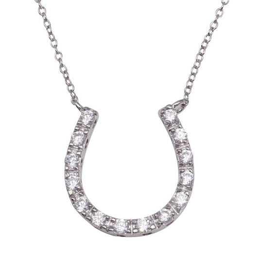 Silver 925 Clear CZ Rhodium Plated Horse Shoe Pendant Necklace - STP00045 | Silver Palace Inc.