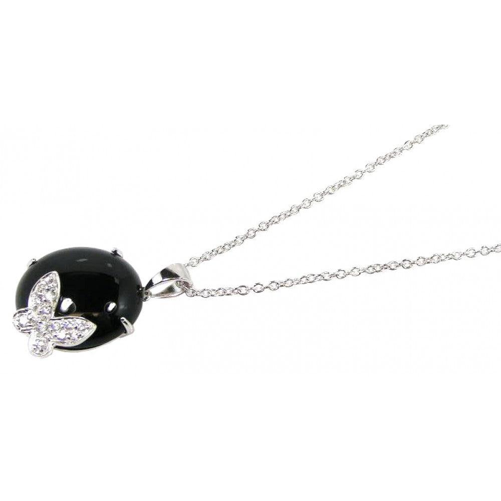 Closeout-Silver 925 Rhodium Plated Round Onyx Clear CZ Butterfly Pendant Necklace - STP00628 | Silver Palace Inc.