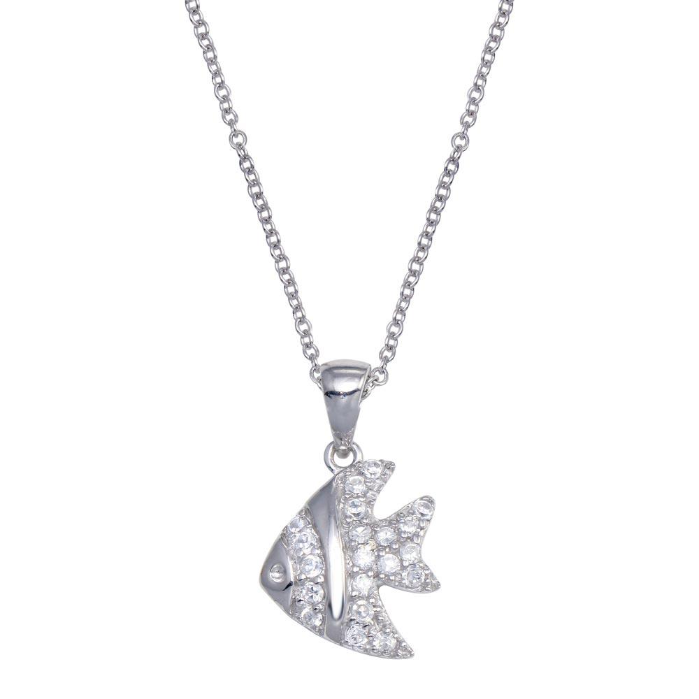 Closeout-Silver 925 Rhodium Plated Clear CZ Fish Pendant Necklace - STP00661 | Silver Palace Inc.