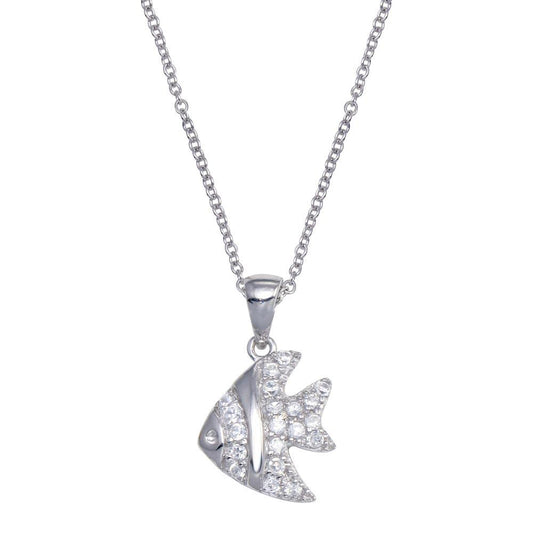 Closeout-Silver 925 Rhodium Plated Clear CZ Fish Pendant Necklace - STP00661 | Silver Palace Inc.