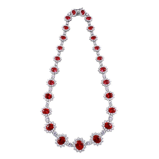 Silver 925 Rhodium Plated Red CZ Oval Cluster Necklace - STP00885RD | Silver Palace Inc.
