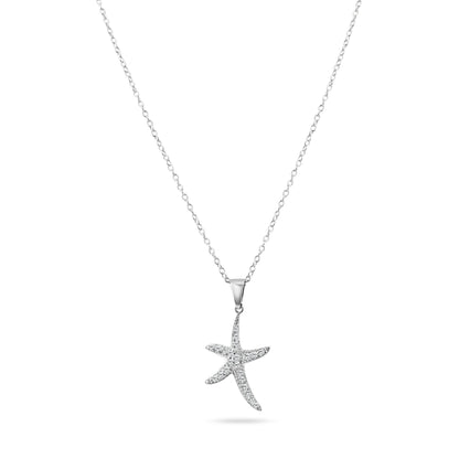 Silver 925 Rhodium Plated Clear CZ Starfish Pendant Necklace - STP01021