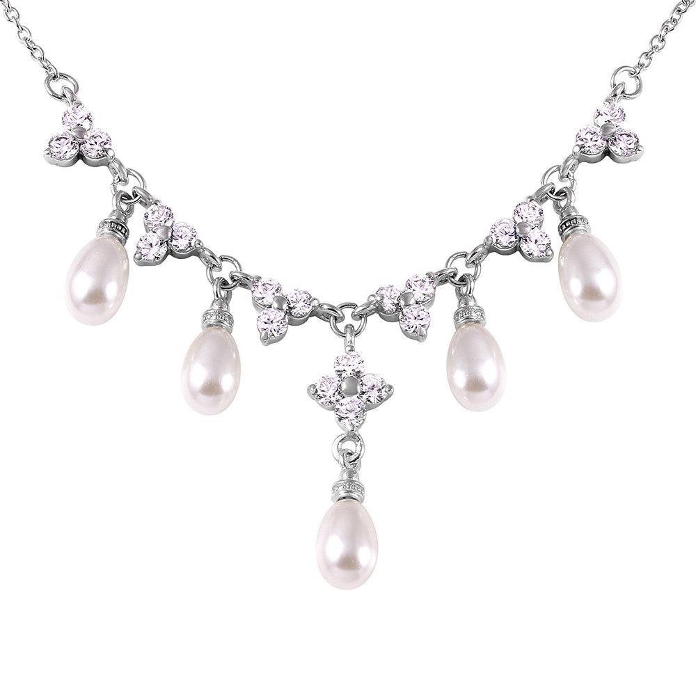 Silver 925 Rhodium Plated Pearl Flower Necklace - STP01114 | Silver Palace Inc.