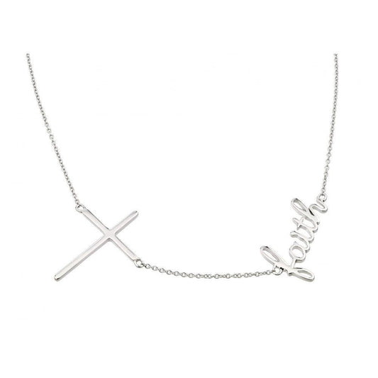 Silver 925 Rhodium Plated Clear CZ Cross Faith Pendant Necklace - STP01396 | Silver Palace Inc.