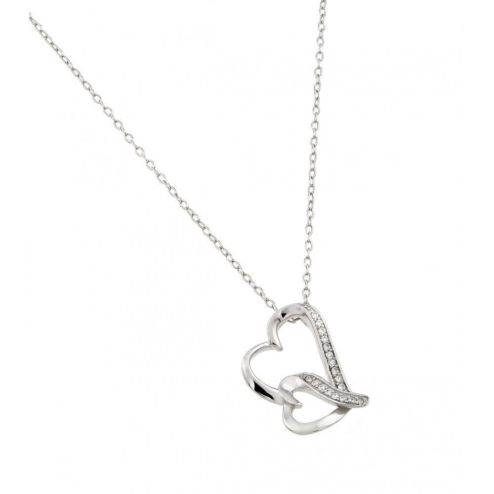 Silver 925 Rhodium Plated Double Heart CZ Pendant - STP01466 | Silver Palace Inc.