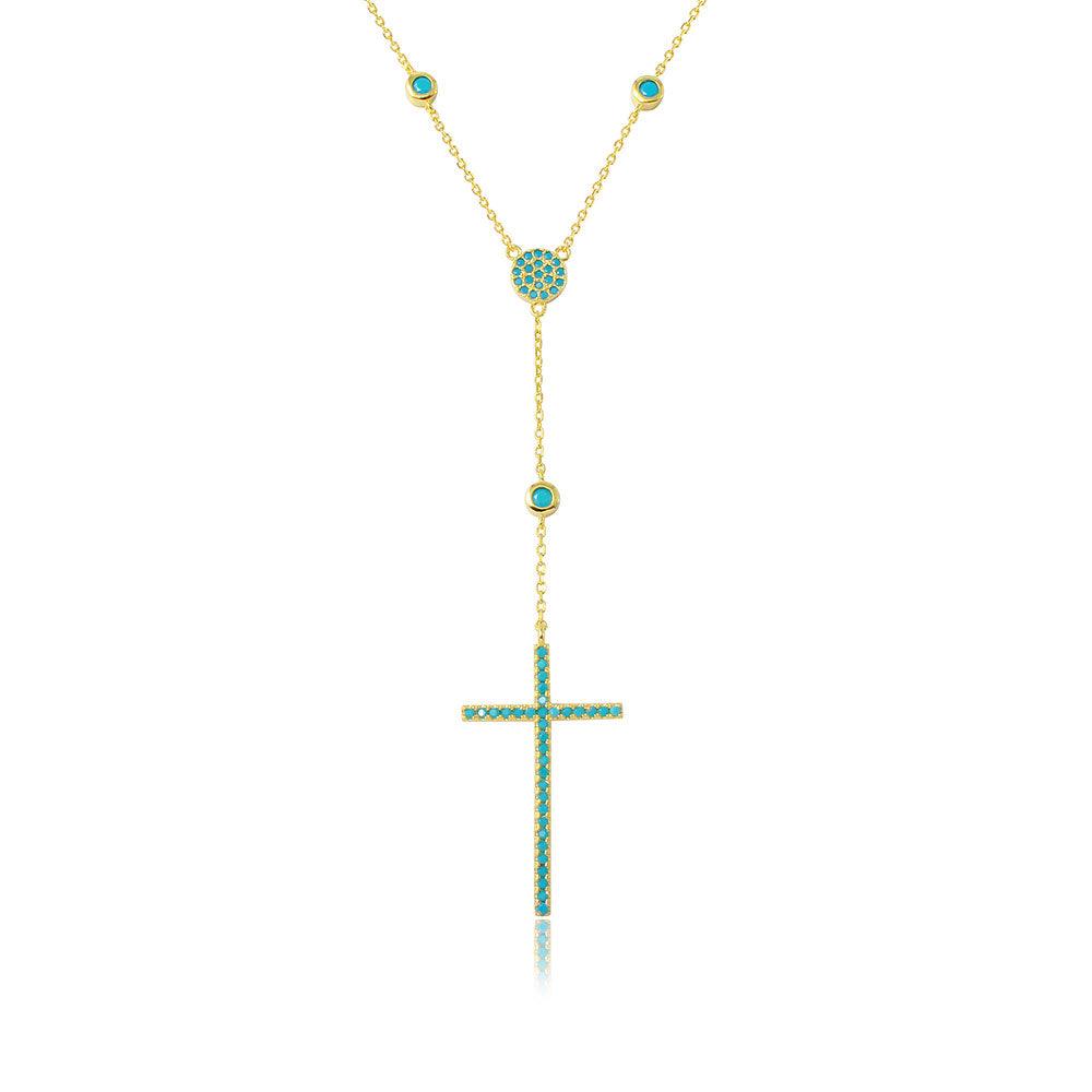 Silver 925 Gold Plated Cross Necklace with Synthetic Turquoise Stones - STP01513GP | Silver Palace Inc.
