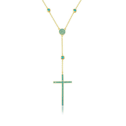 Silver 925 Gold Plated Cross Necklace with Synthetic Turquoise Stones - STP01513GP | Silver Palace Inc.