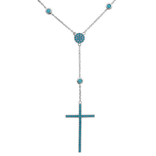 Silver 925 Rhodium Plated Cross Necklace with Synthetic Turquoise Stones - STP01513RH | Silver Palace Inc.