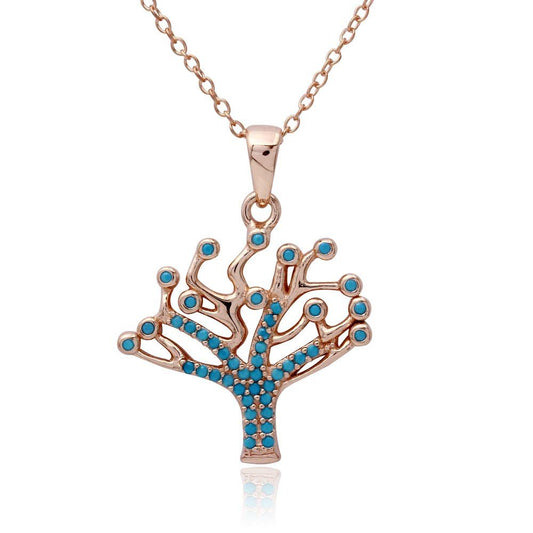 Silver 925 Rose Gold Plated Turquoise Stones Tree Necklace - STP01549 | Silver Palace Inc.